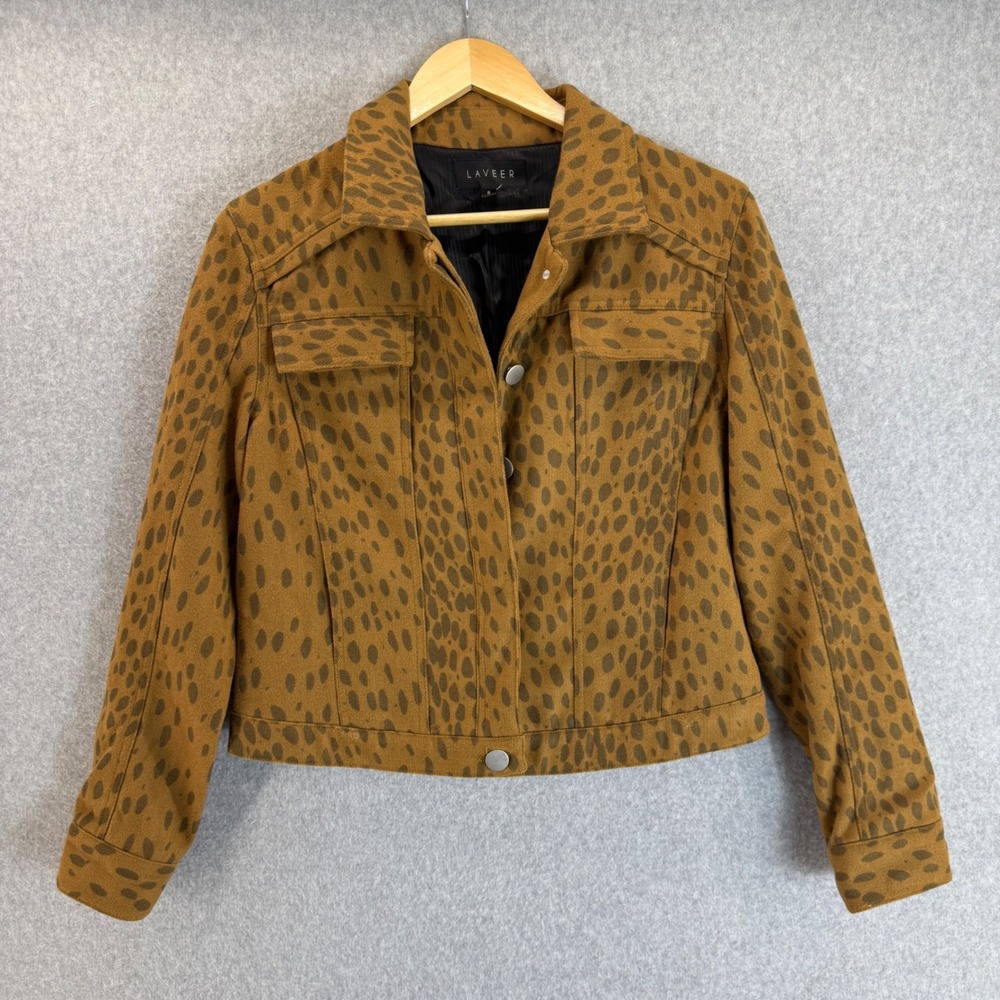 Laveer Leopard Print Wooly Collar Weekend Jacket Tan Wool‎ Blend Womens Small